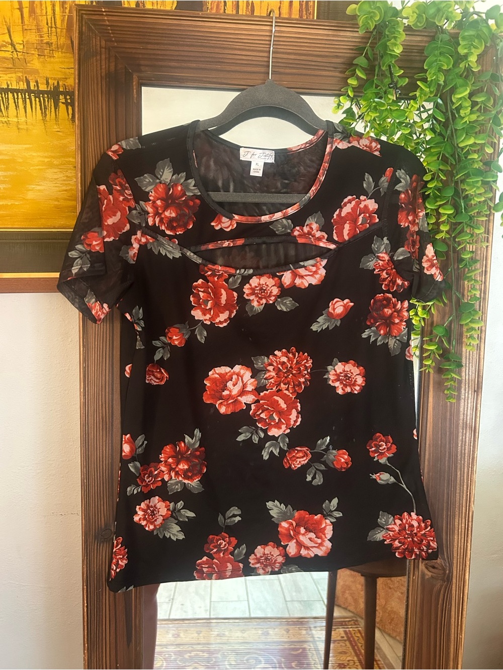 J for Justify Black Short Sleeve Tee with Red Floral Print